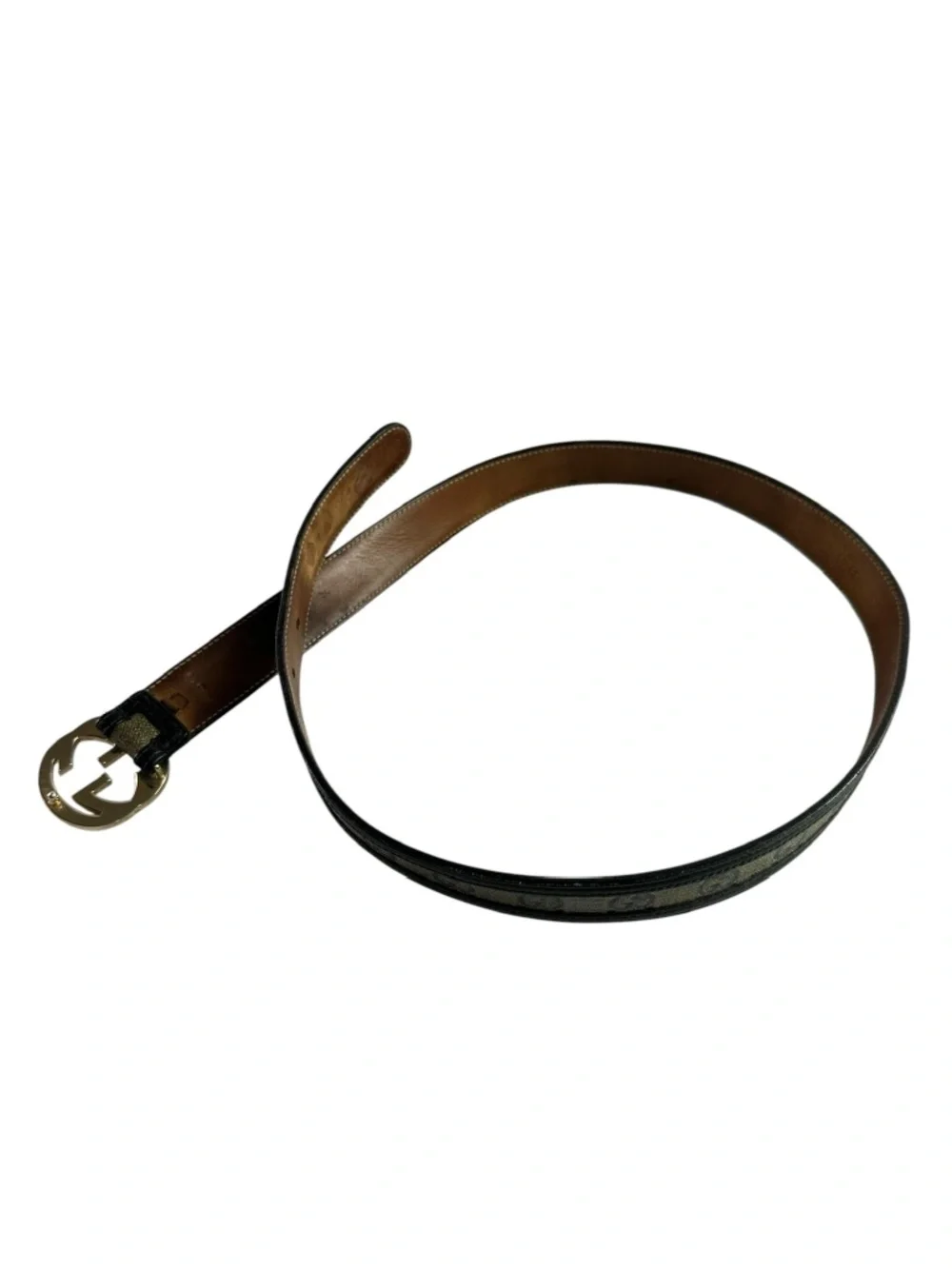 Genuine Vintage GUCCI Black Leather Canvas Interlocking GG Gold Buckle Belt 34